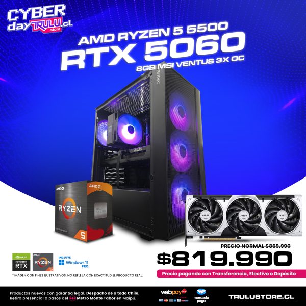 PC Gamer AMD Ryzen 5 5500 / RTX 5060 MSI VENTUS 3X OC / 16GB DDR4 3200Mhz / SSD NVMe 500GB / Gabinete Antec AX65 - 4 Ventiladores