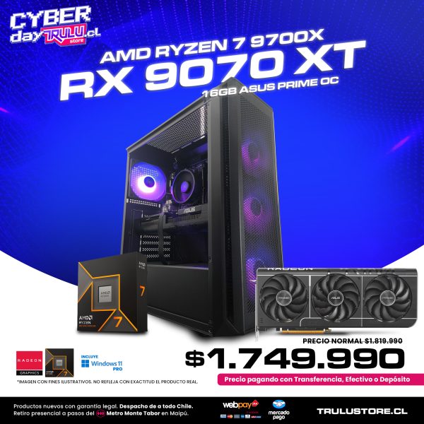 PC Gamer AMD Ryzen 7 9700X / RX 9070 XT 16GB Asus Prime OC / 16GB DDR5 5600Mhz / SSD NVMe 500GB / Gabinete XPG Valor Air Plus - 4 Ventiladores
