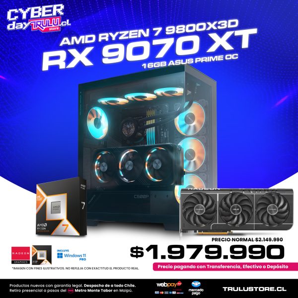 PC Gamer AMD Ryzen 7 9800X3D / RX 9070 XT 16GB Asus Prime OC / 16GB DDR5 5600Mhz / SSD NVMe 500GB / Gabinete Gigabyte C500 - 4 Ventiladores